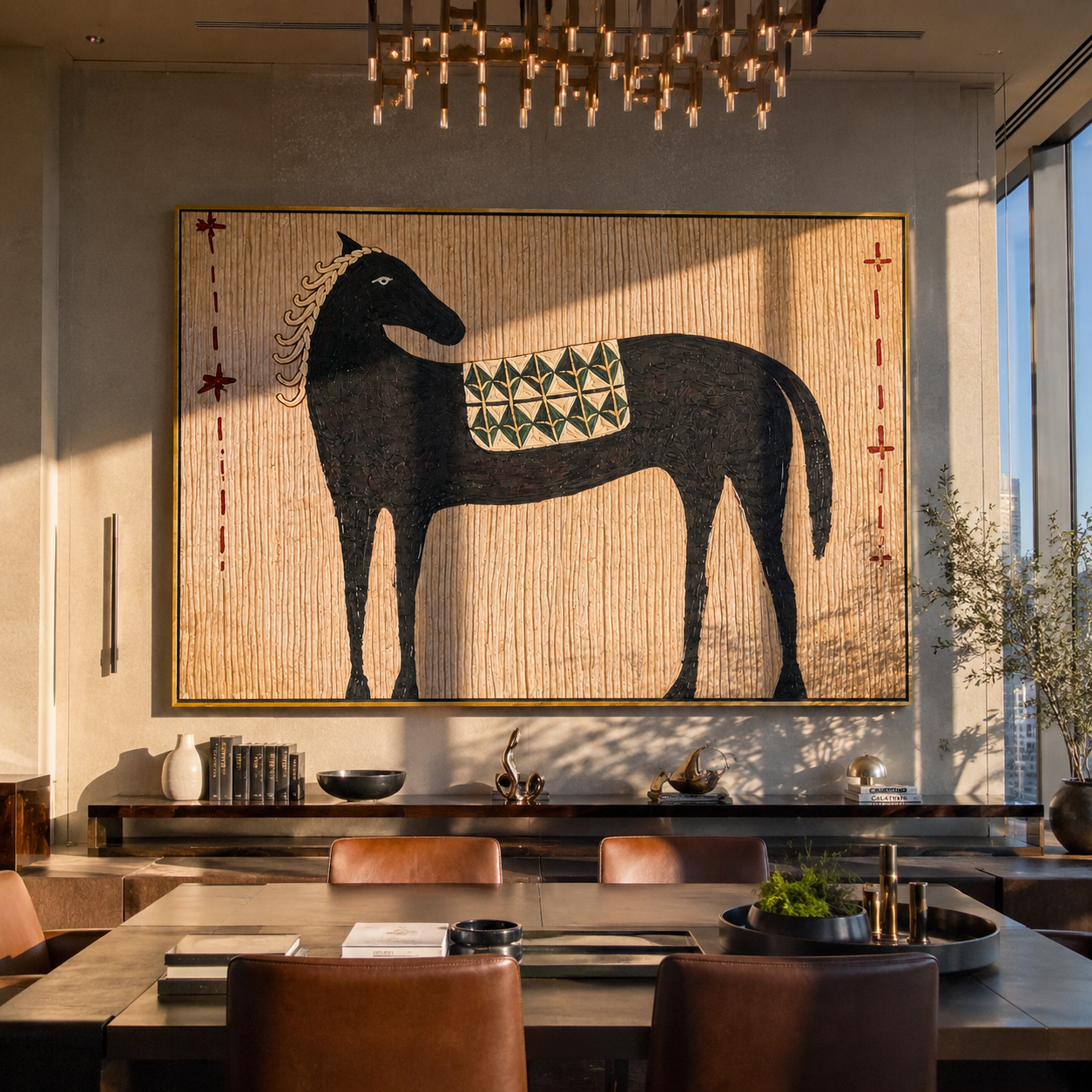Black Horse Carries Saddle presented as a colorful interior focal point