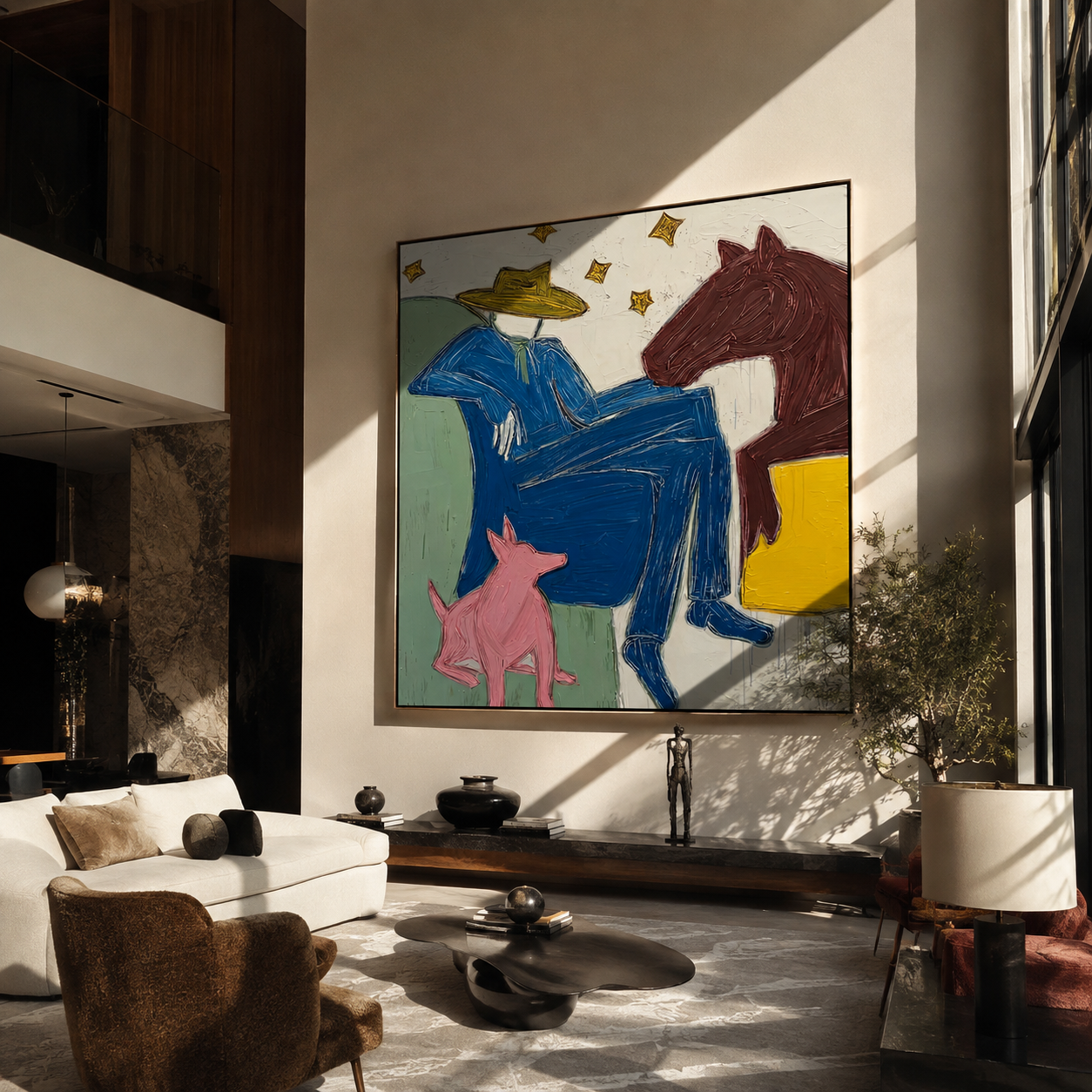Blue Figure among Beasts displayed in a layered residential setting