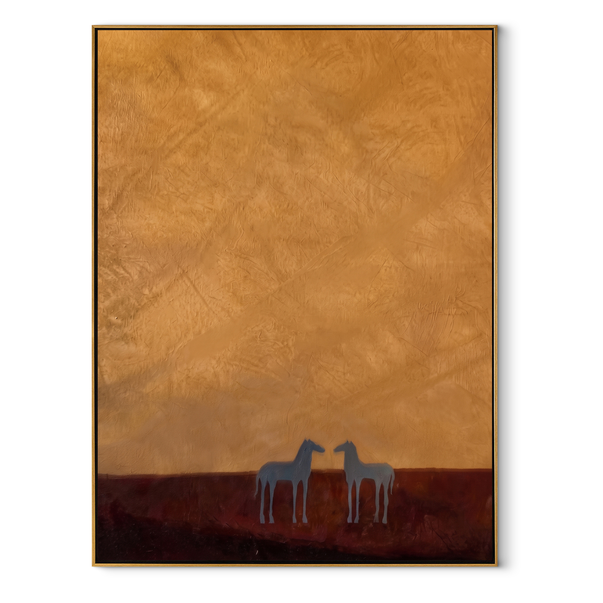 Two Horses beneath Ochre equestrian horse painting, vertical canvas artwork