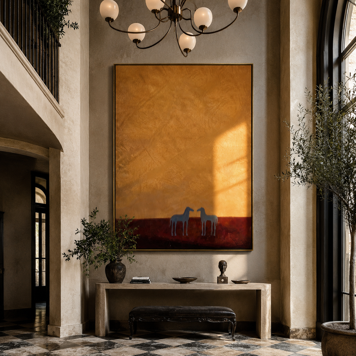 Two Horses beneath Ochre styled with warm modern furnishings