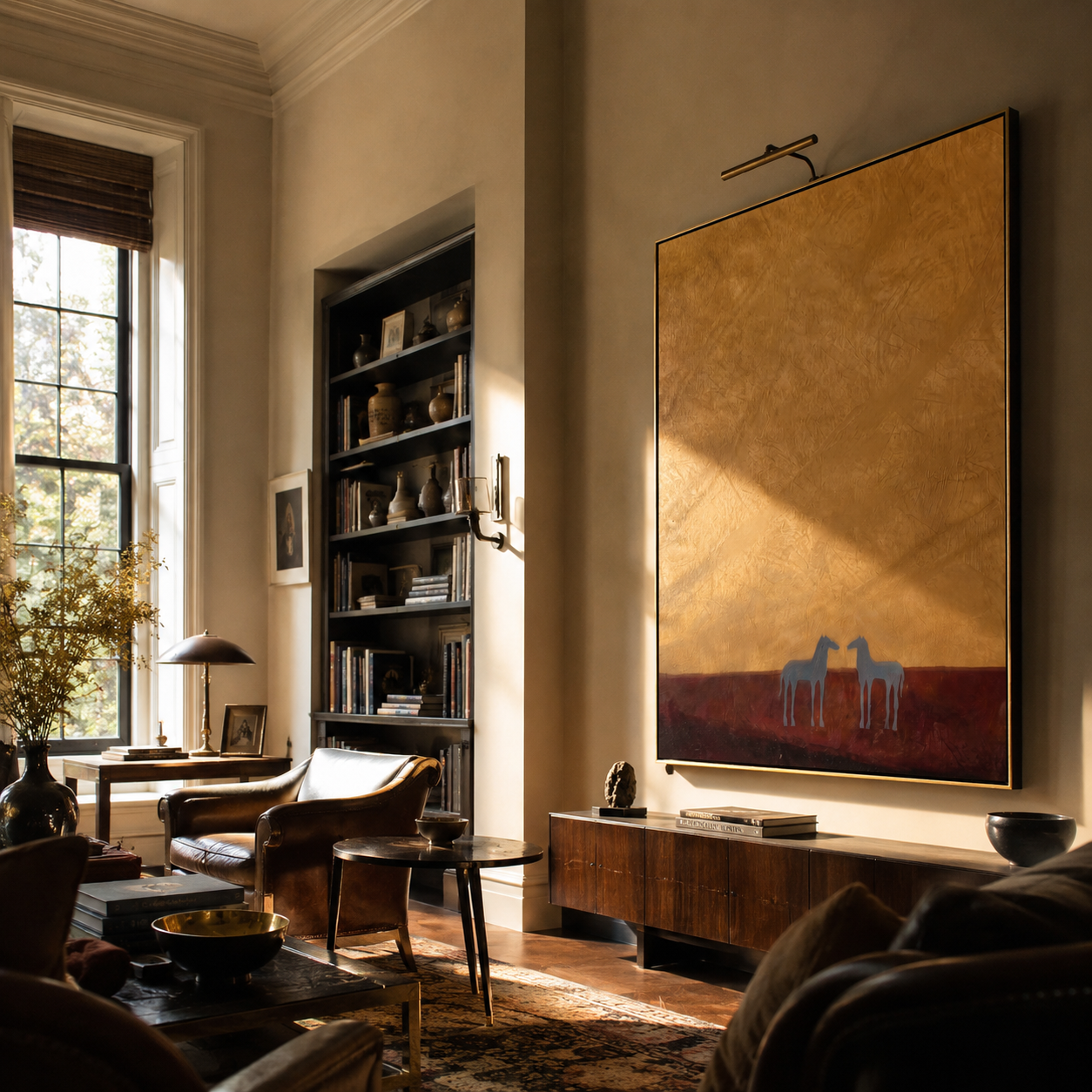 Two Horses beneath Ochre presented as a colorful interior focal point