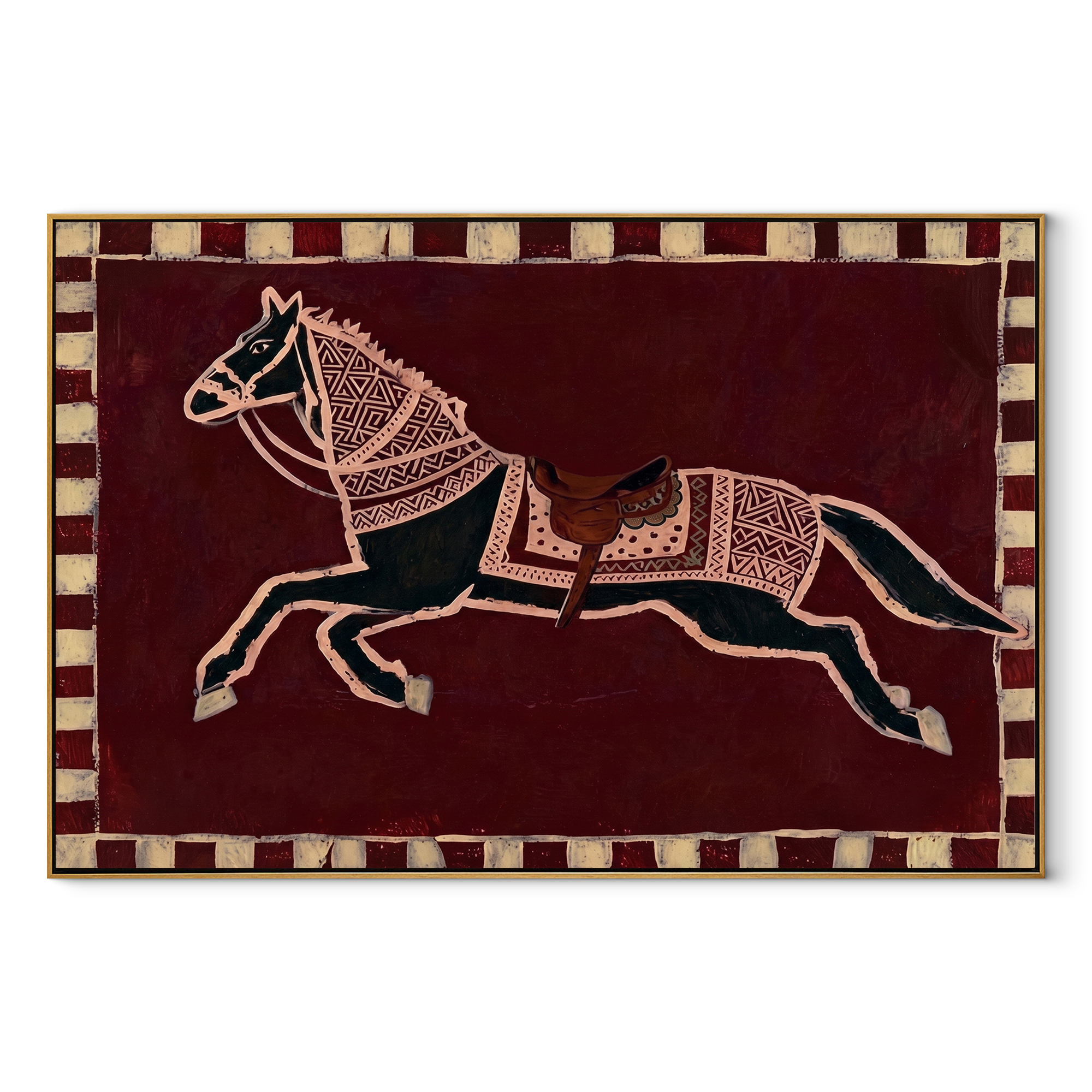 White Marks Chase Chestnut equestrian horse painting, horizontal canvas artwork