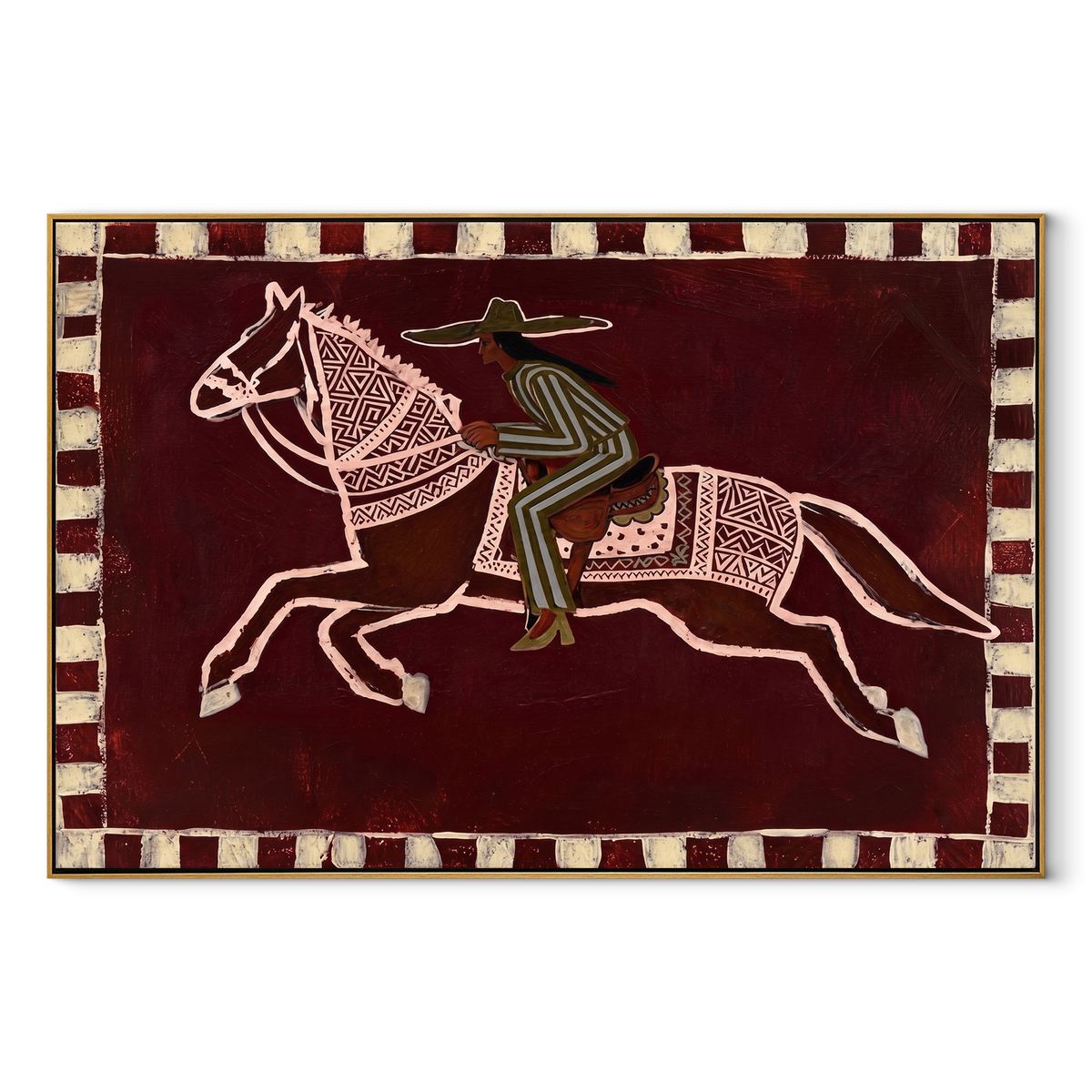 Patterned Rider Crosses Field equestrian horse painting, horizontal canvas artwork