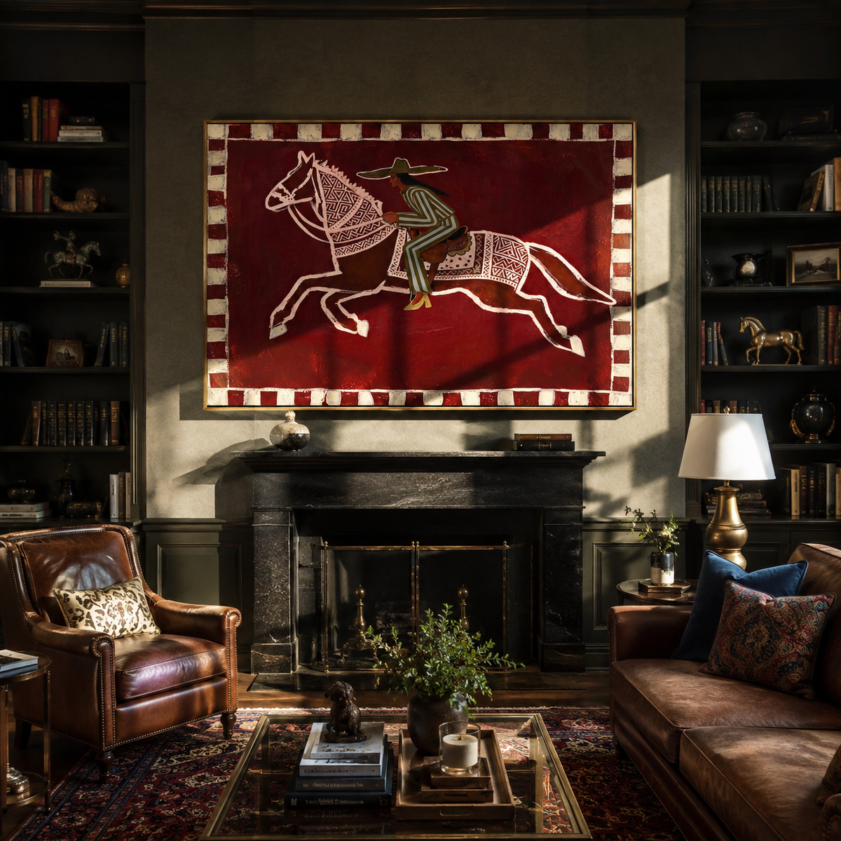 Patterned Rider Crosses Field presented as a colorful interior focal point