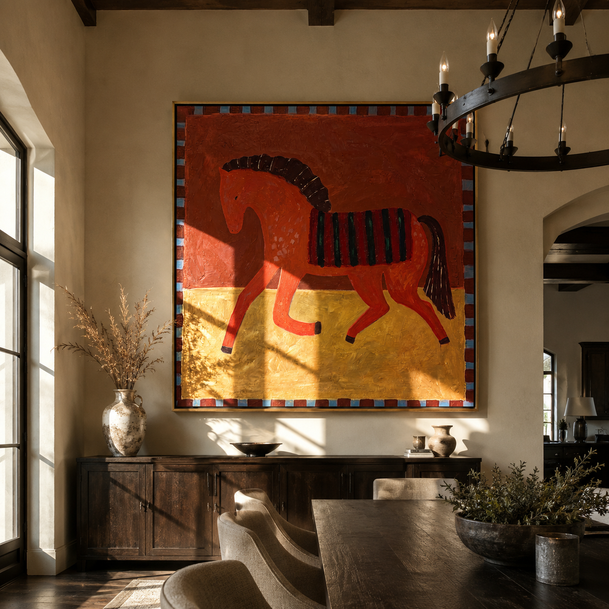Red Horse Carries Midnight displayed in a layered residential setting