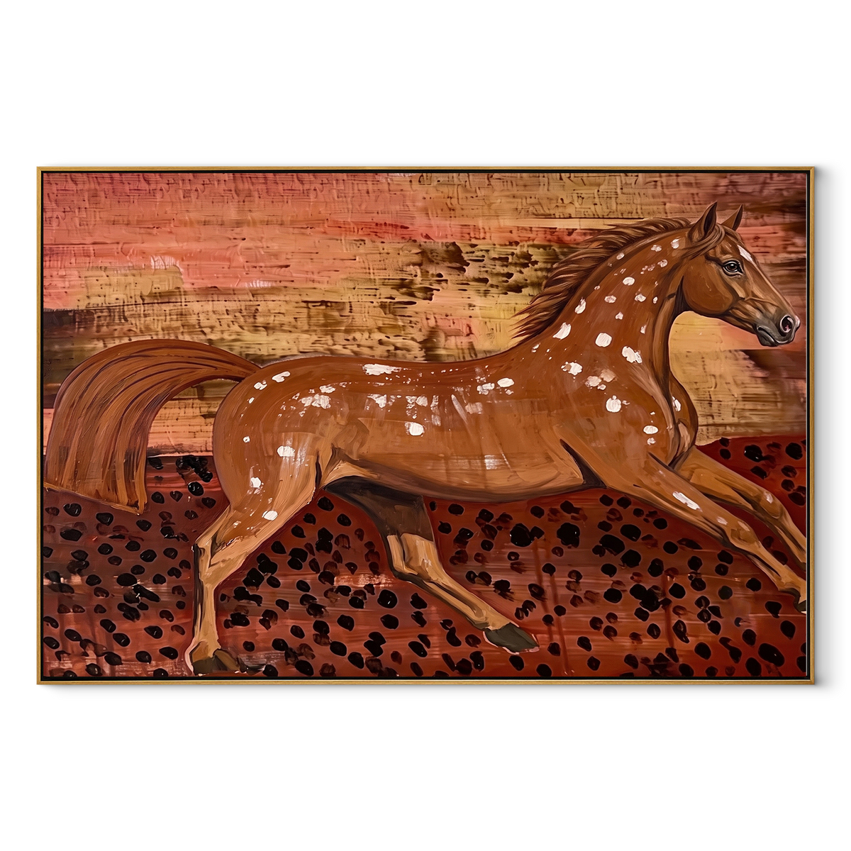 Chestnut Horse Breaks Dust equestrian horse painting, horizontal canvas artwork