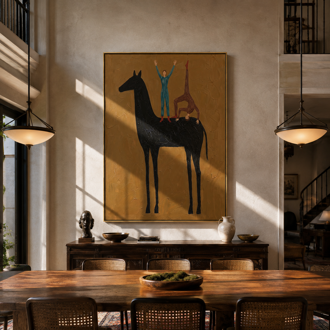Two Figures Balance Horseback displayed in a collected contemporary interior