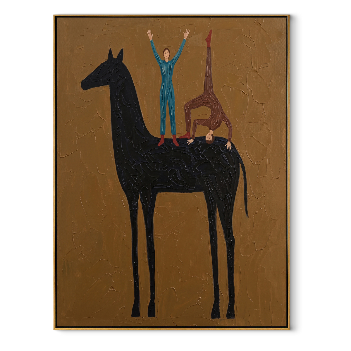 Two Figures Balance Horseback equestrian horse painting, vertical canvas artwork