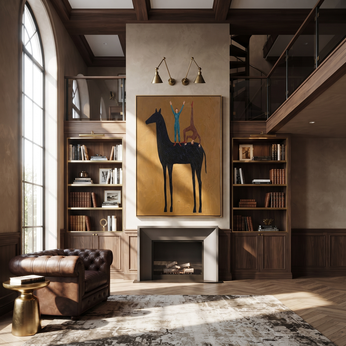 Two Figures Balance Horseback styled with warm modern furnishings