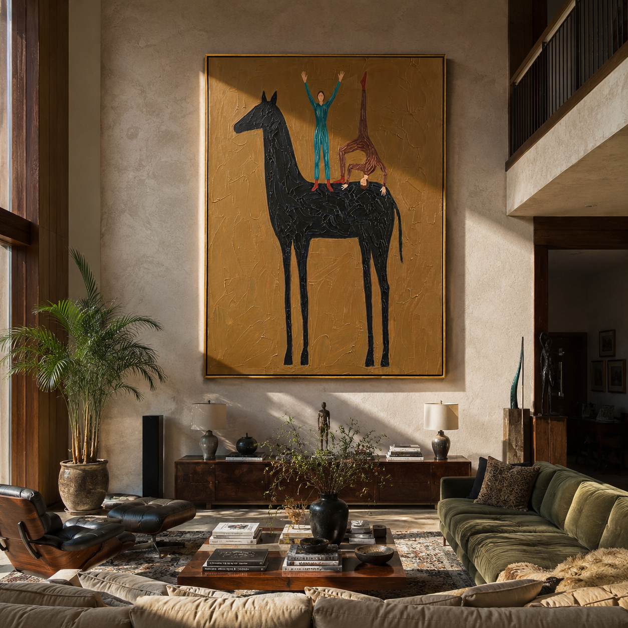 Two Figures Balance Horseback styled with wood, linen, and modern decor