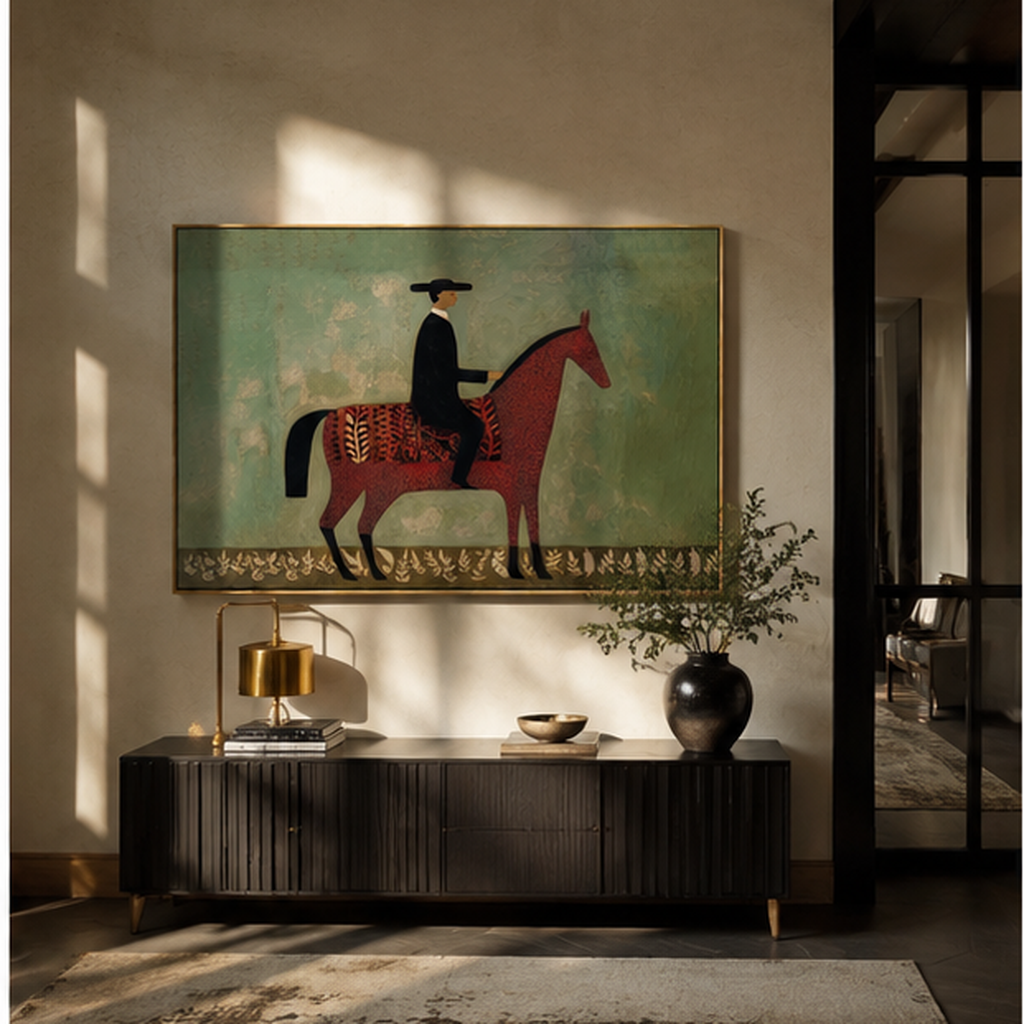 Black Hat Rides Sage displayed in a collected contemporary interior