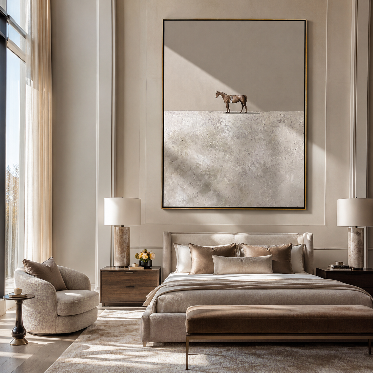 Small Horse Crosses Silence styled with wood, linen, and modern decor