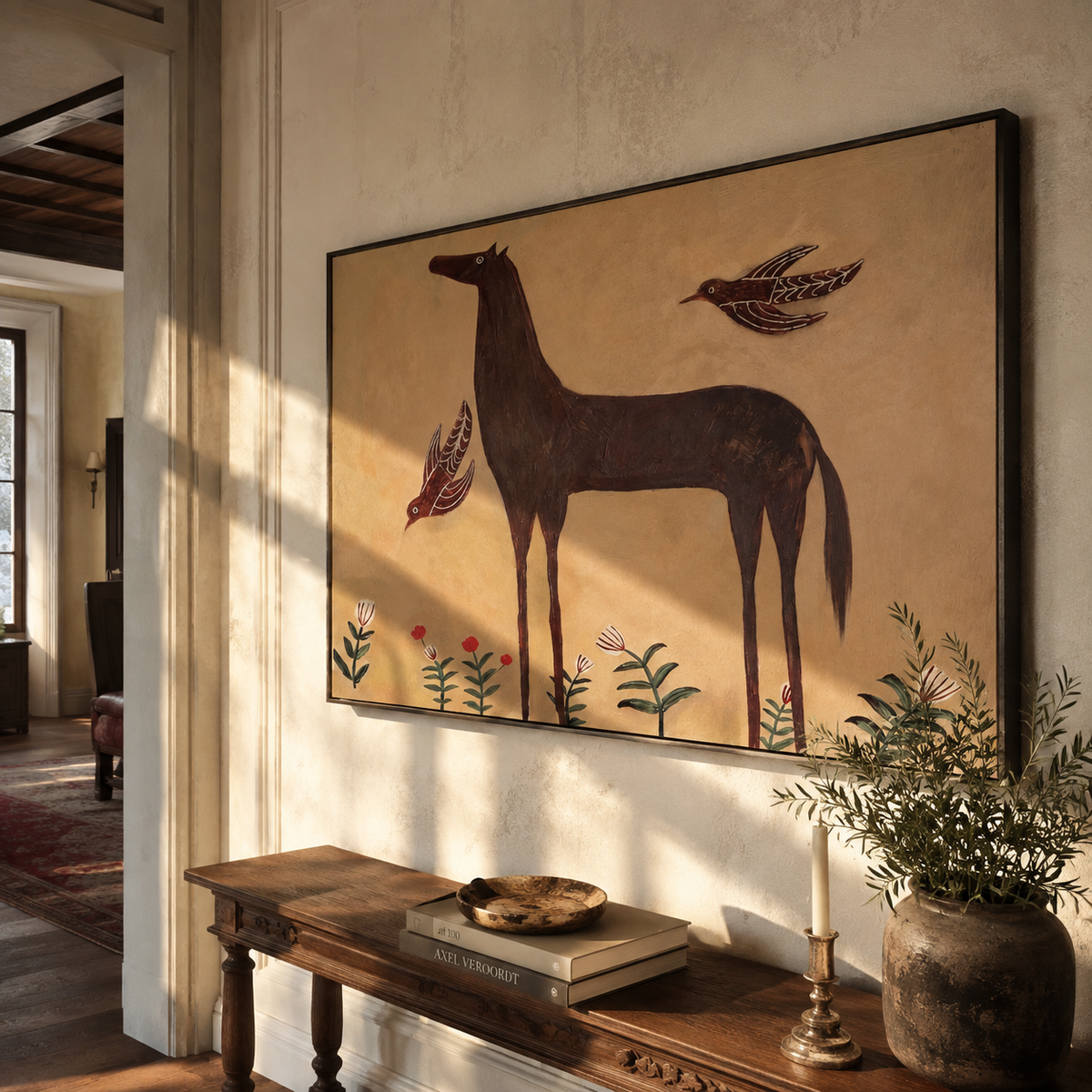 Brown Horse among Flowers displayed in a collected contemporary interior