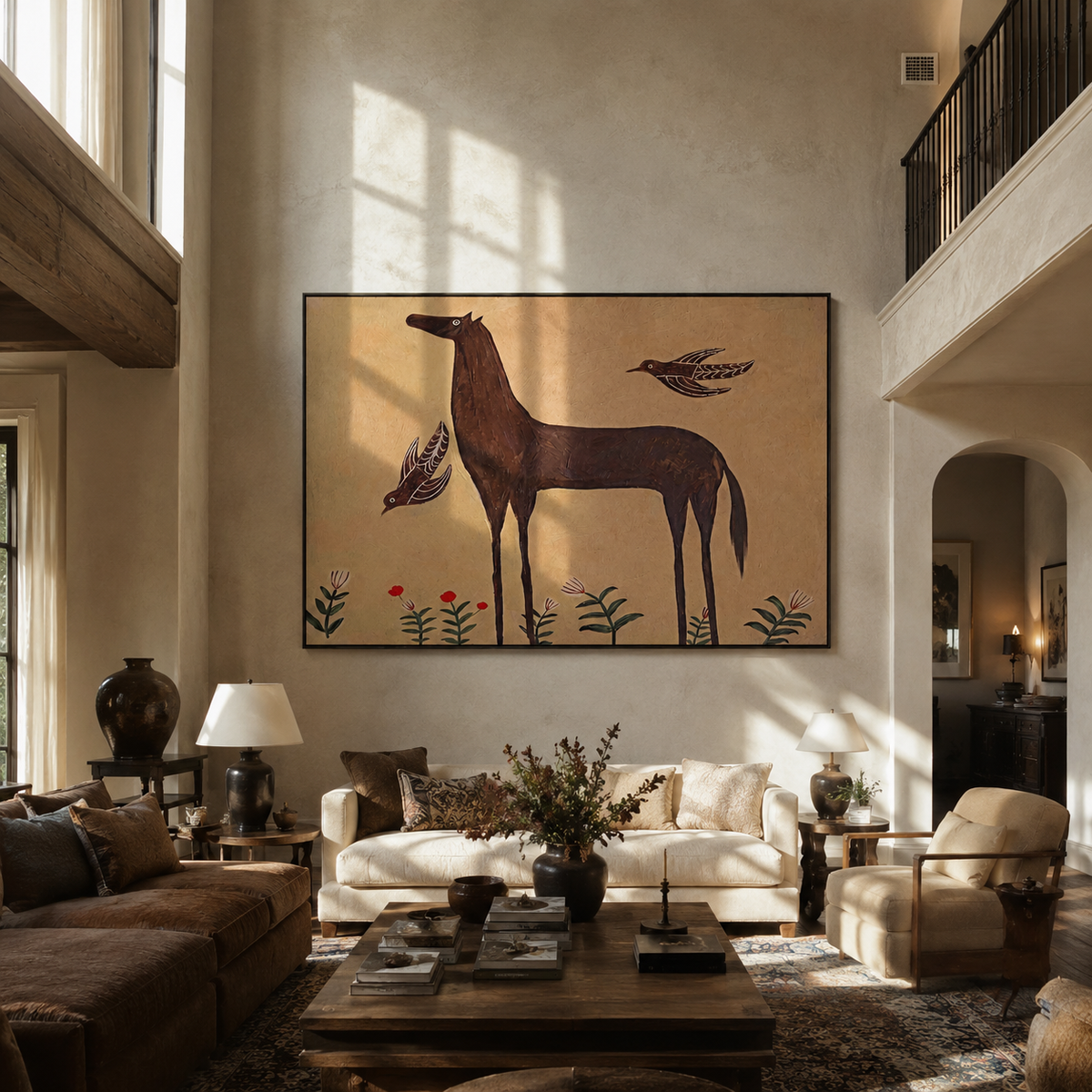 Brown Horse among Flowers styled with warm modern furnishings