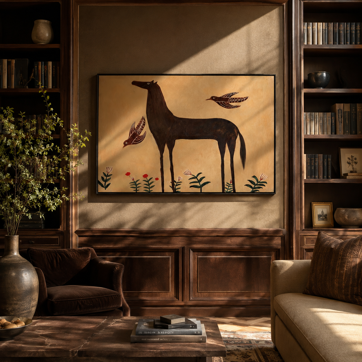 Brown Horse among Flowers styled with wood, linen, and modern decor