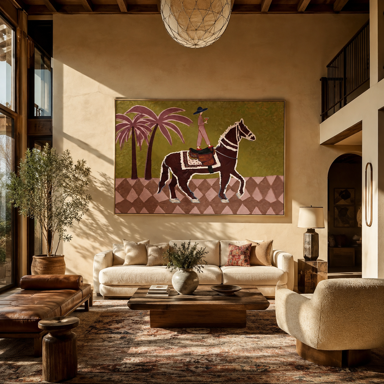 Pink Palms Follow Rider displayed in a collected contemporary interior