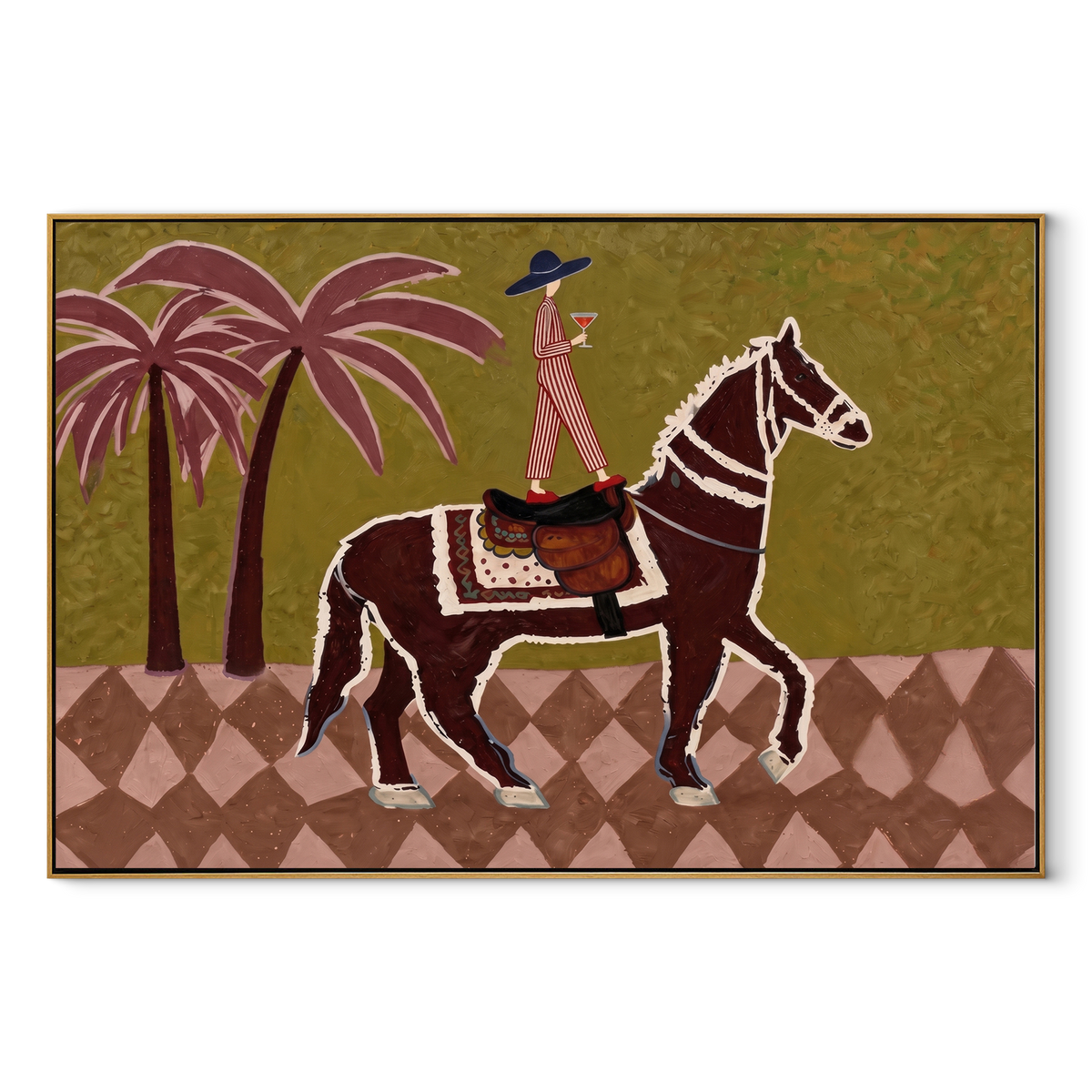 Pink Palms Follow Rider equestrian horse painting, horizontal canvas artwork