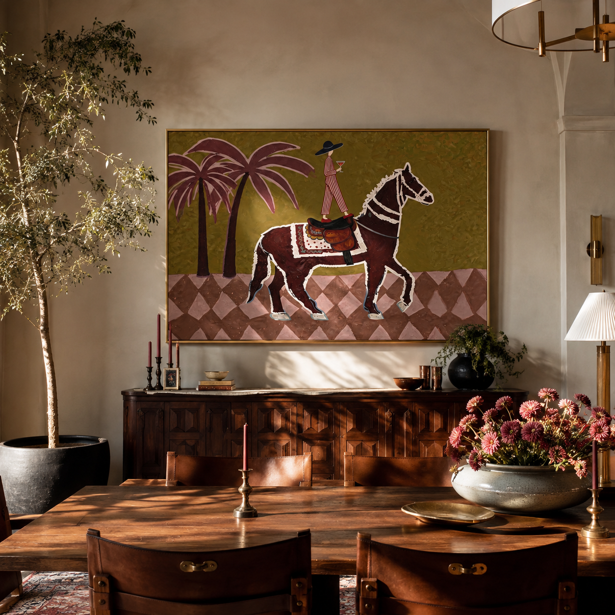 Pink Palms Follow Rider presented as a colorful interior focal point