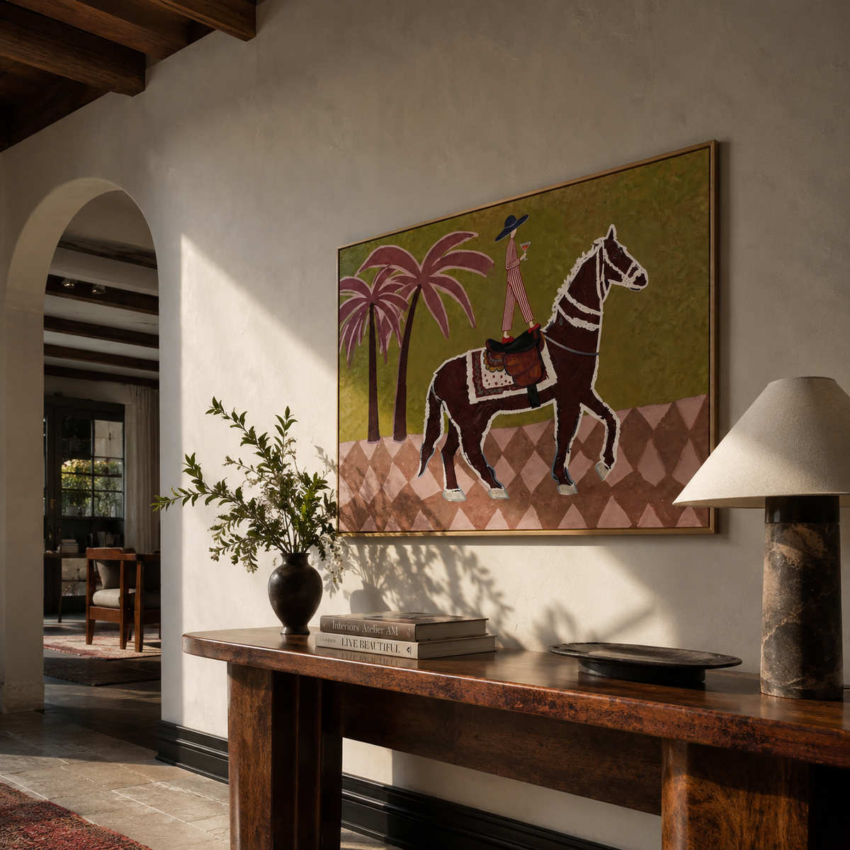 Pink Palms Follow Rider styled with wood, linen, and modern decor