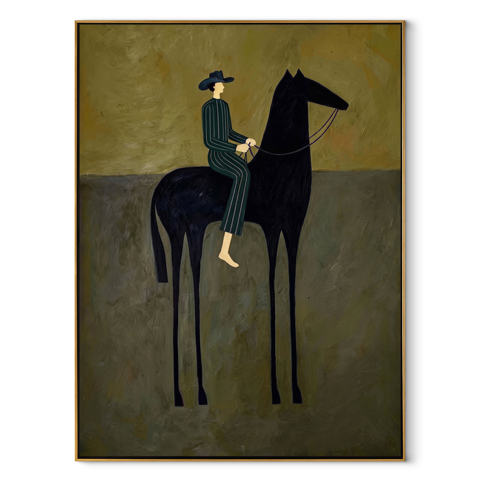 Blue Stripes Sit High equestrian horse painting, vertical canvas artwork