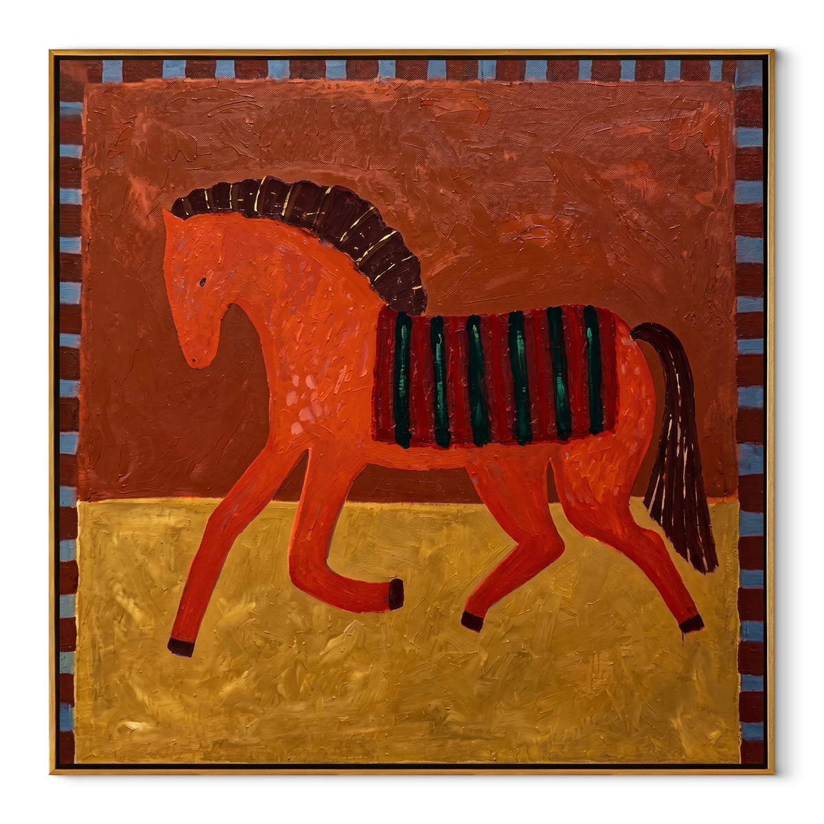 Red Horse Crosses Gold equestrian horse painting, square canvas artwork