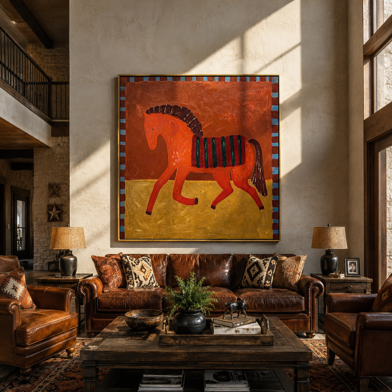 Red Horse Crosses Gold styled with wood, linen, and modern decor