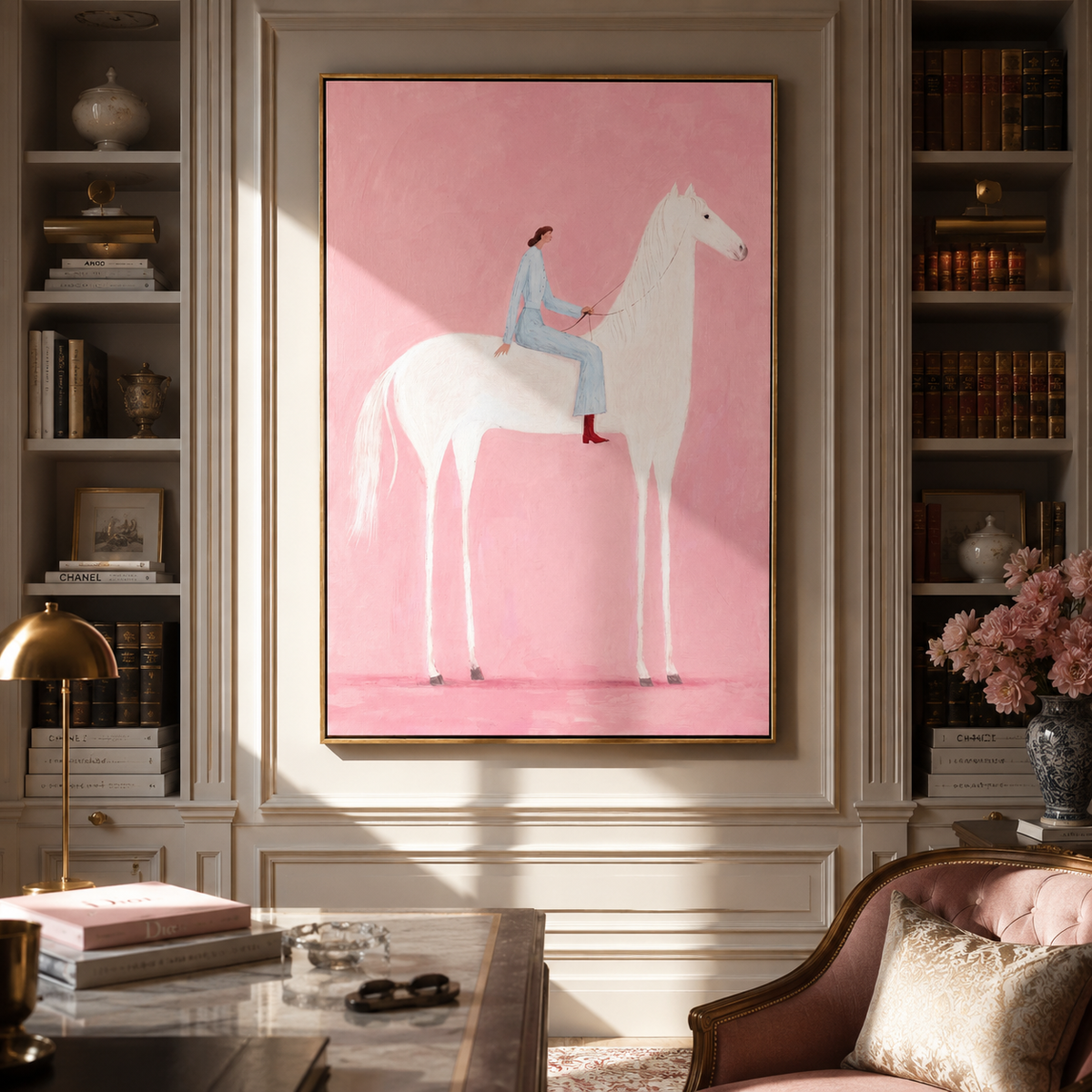 Blue Rider Crosses Blush displayed in a collected contemporary interior