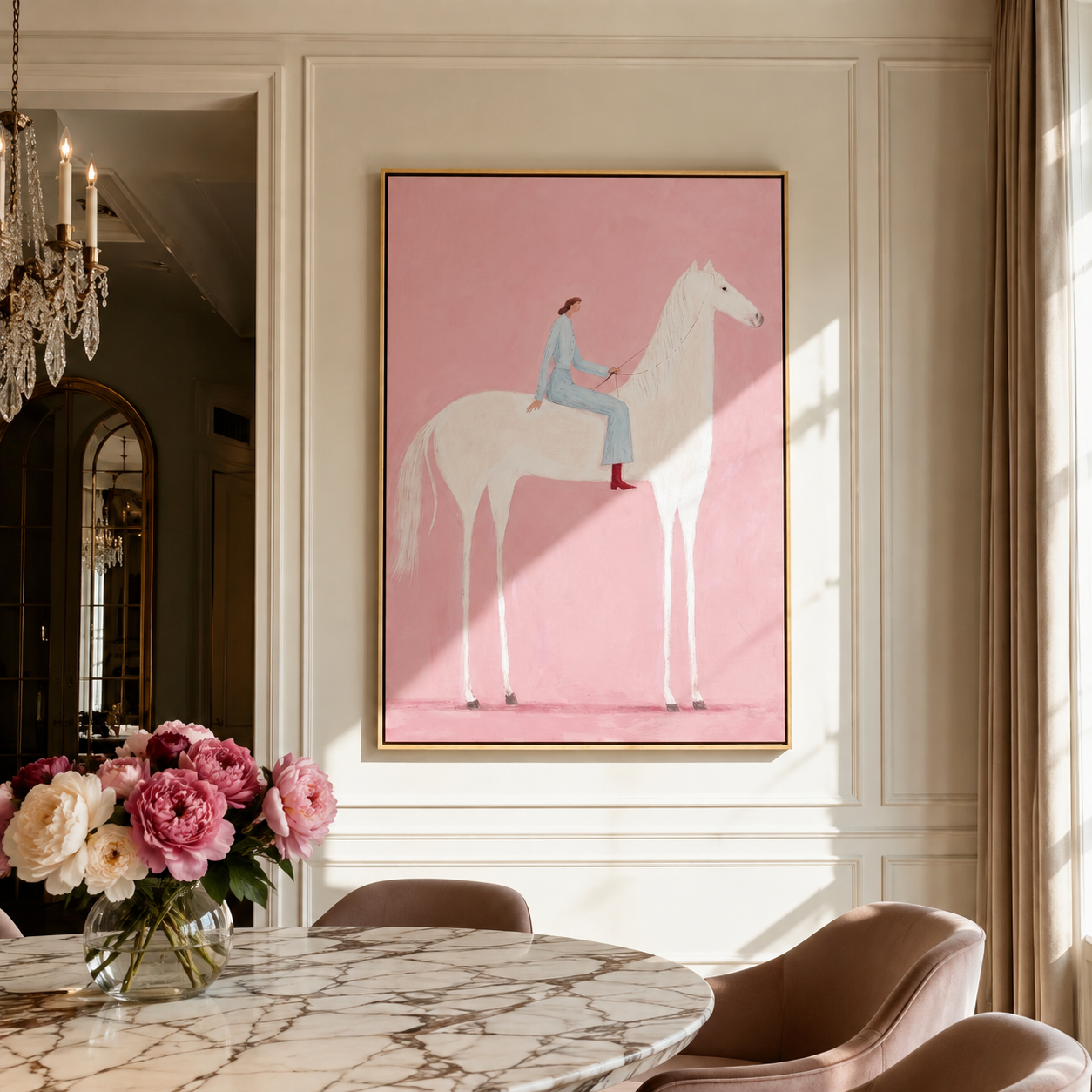 Blue Rider Crosses Blush displayed in a layered residential setting