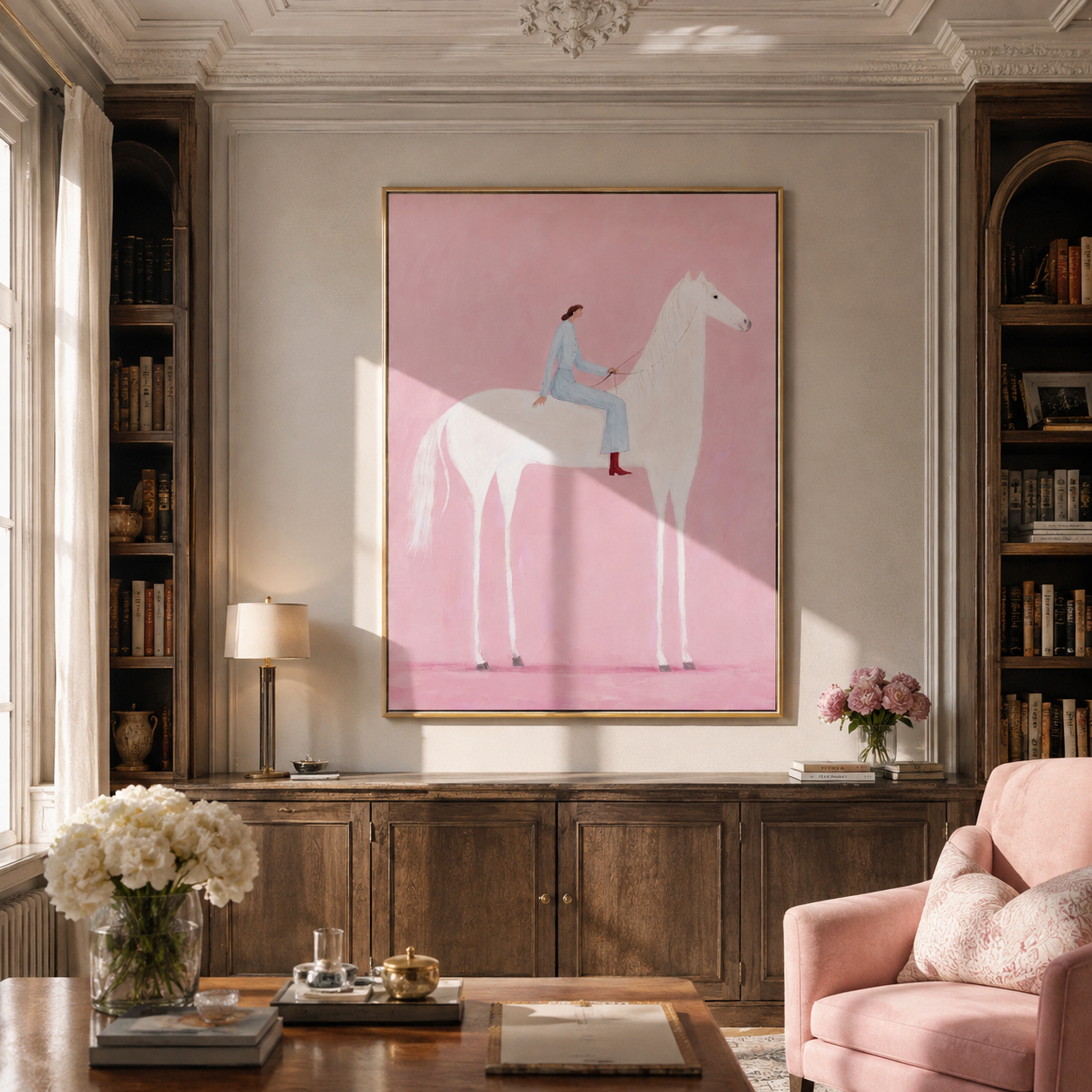 Blue Rider Crosses Blush styled with wood, linen, and modern decor