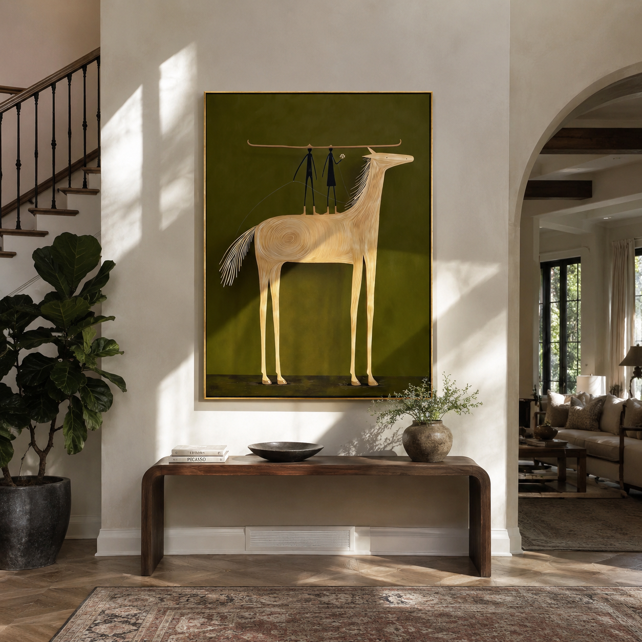 Two Figures Stand Horseback displayed in a collected contemporary interior