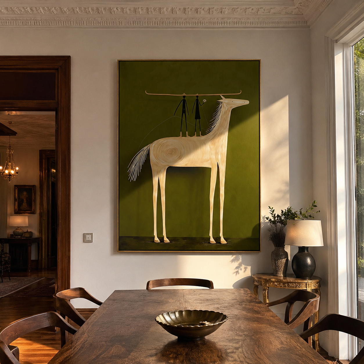Two Figures Stand Horseback styled with warm modern furnishings