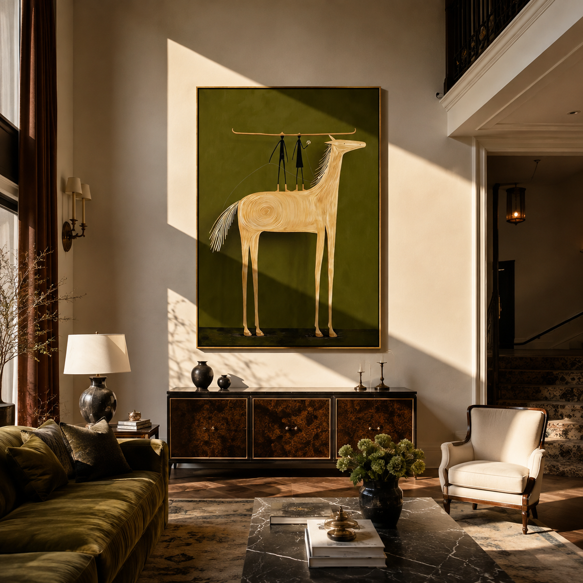 Two Figures Stand Horseback styled with wood, linen, and modern decor