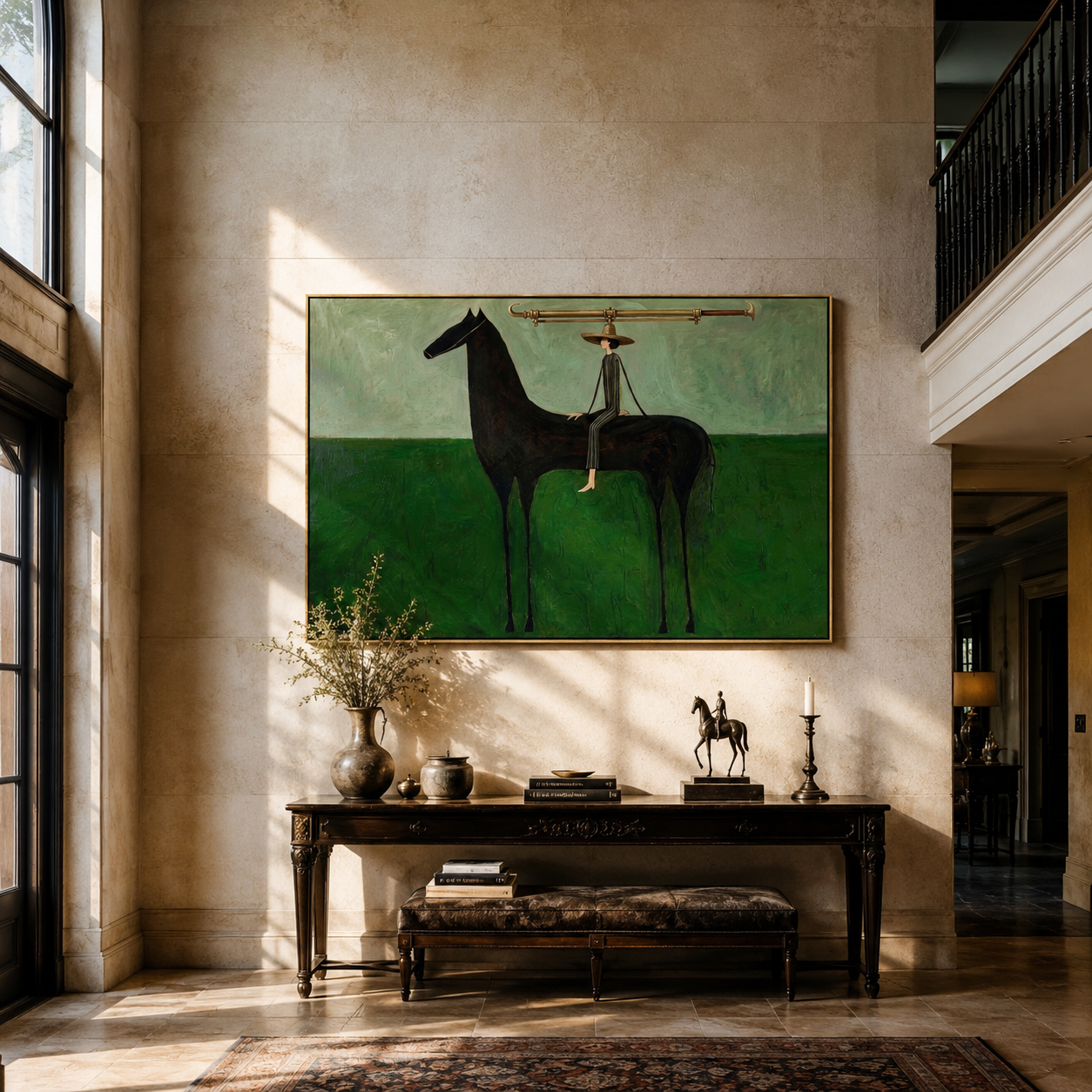 Long Brim Crosses Green styled with wood, linen, and modern decor