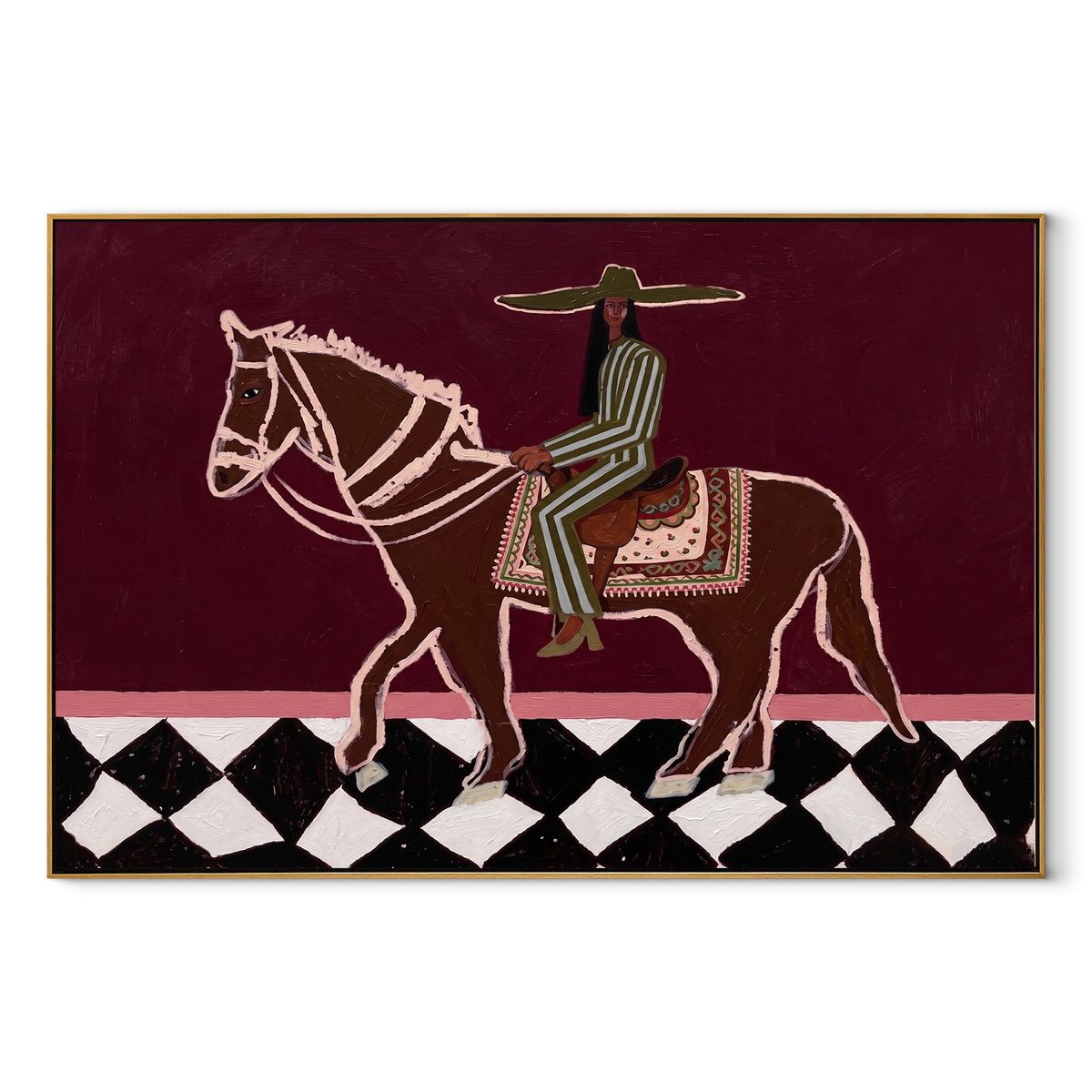 Green Stripes Cross Checks equestrian horse painting, horizontal canvas artwork