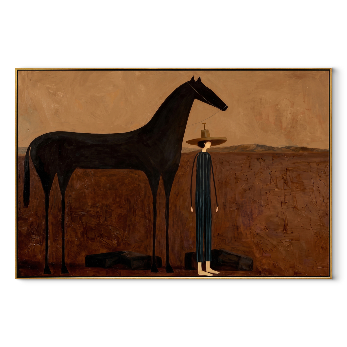 Woman Returns beside Midnight equestrian horse painting, horizontal canvas artwork