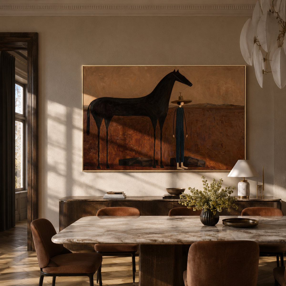 Woman Returns beside Midnight styled with warm modern furnishings