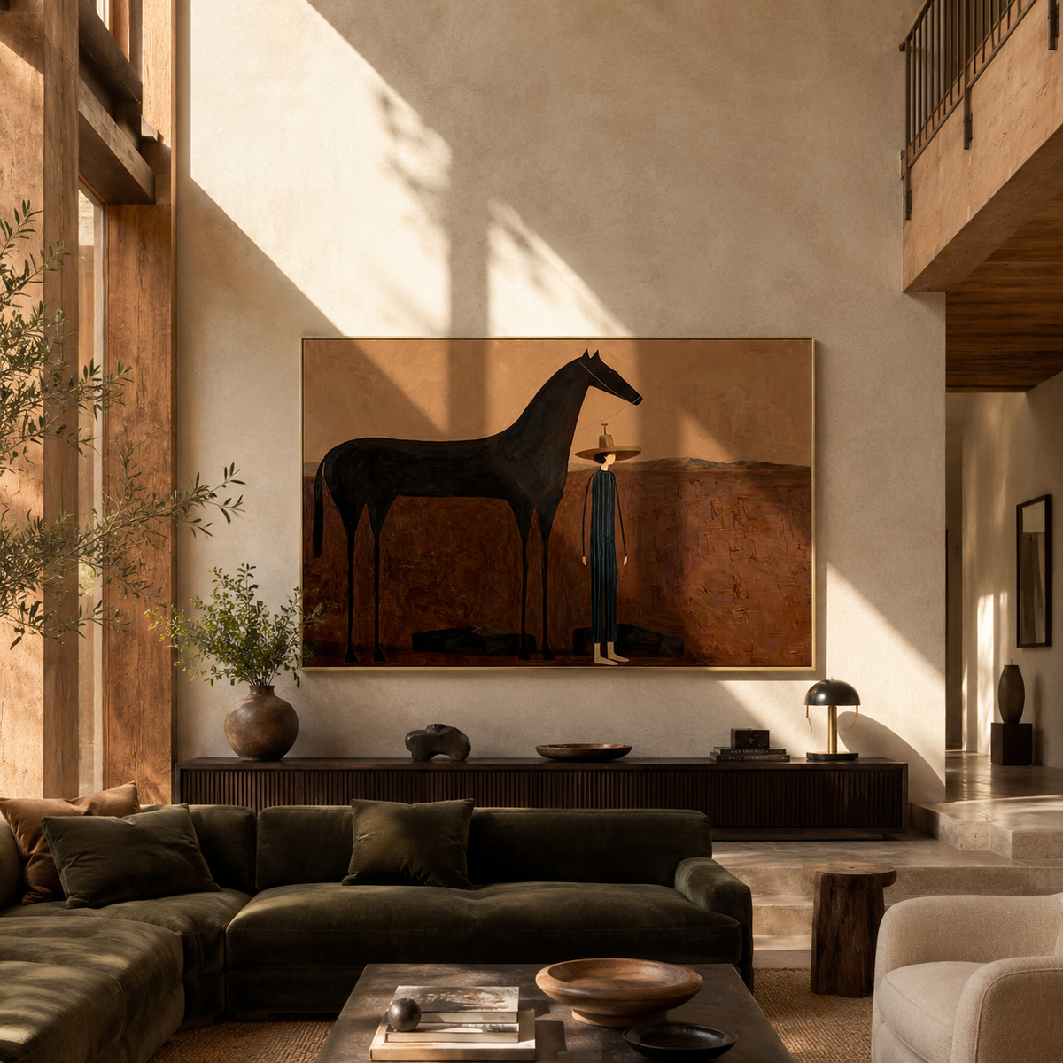 Woman Returns beside Midnight styled with wood, linen, and modern decor