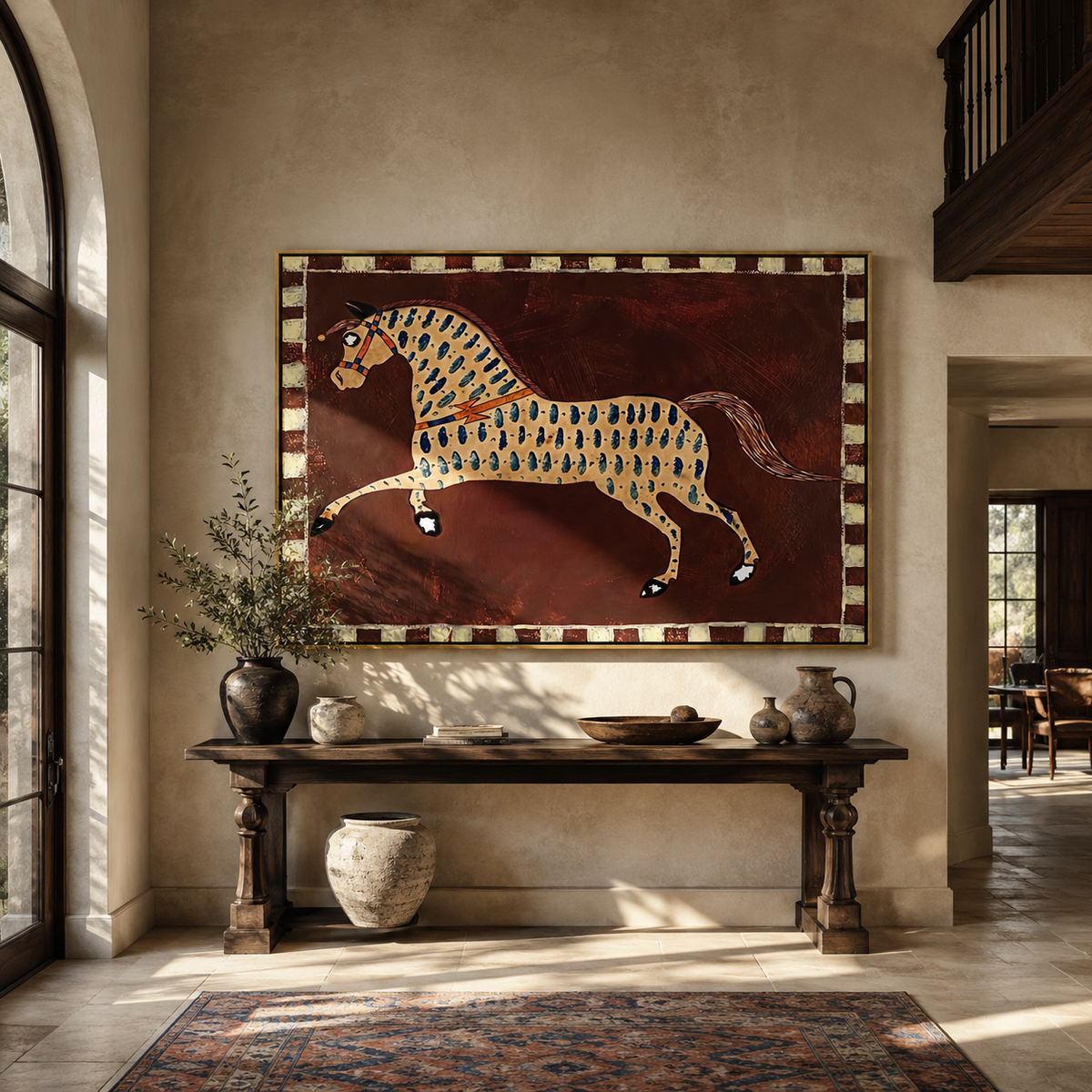 Blue Teardrops Chase Horse displayed in a collected contemporary interior