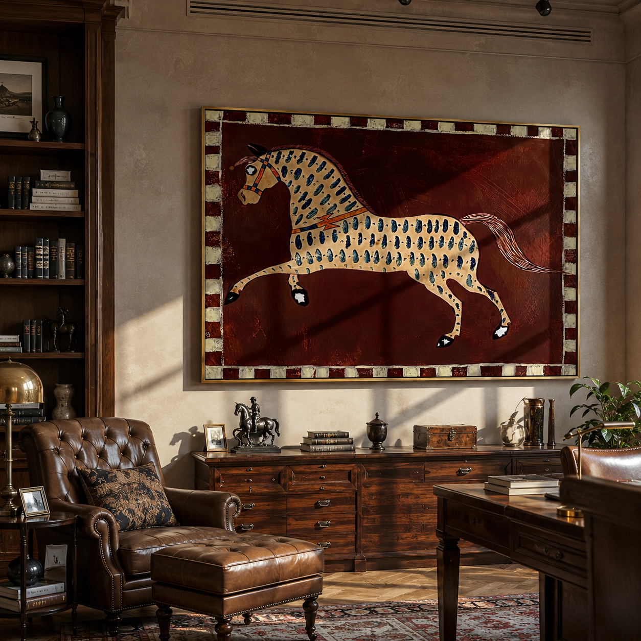Blue Teardrops Chase Horse presented as a colorful interior focal point