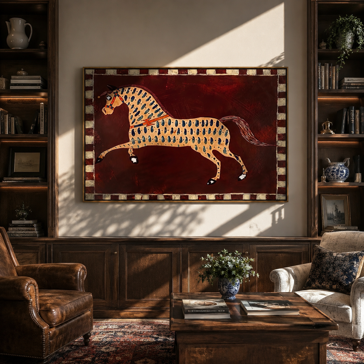 Blue Teardrops Chase Horse displayed in a layered residential setting