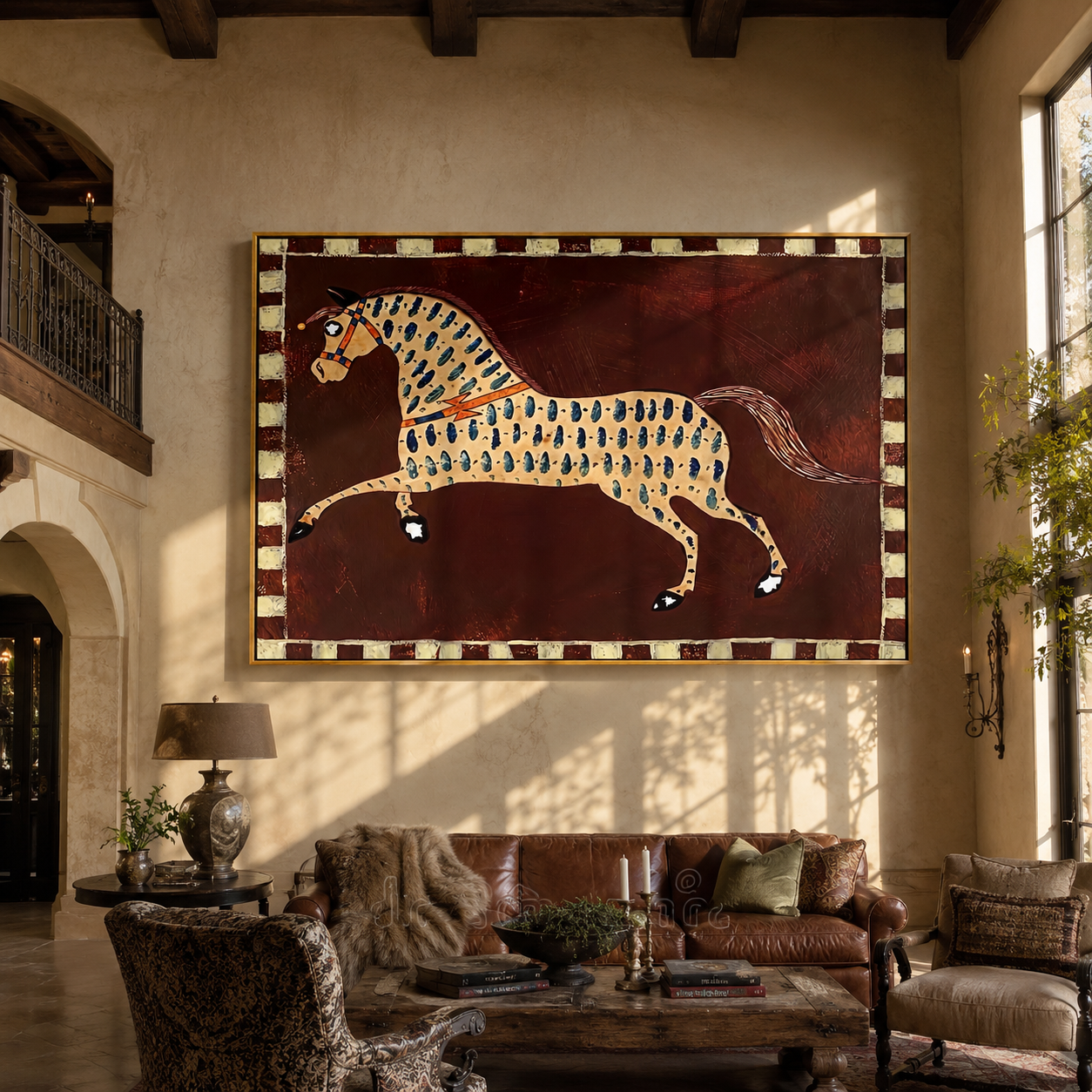 Blue Teardrops Chase Horse styled with wood, linen, and modern decor