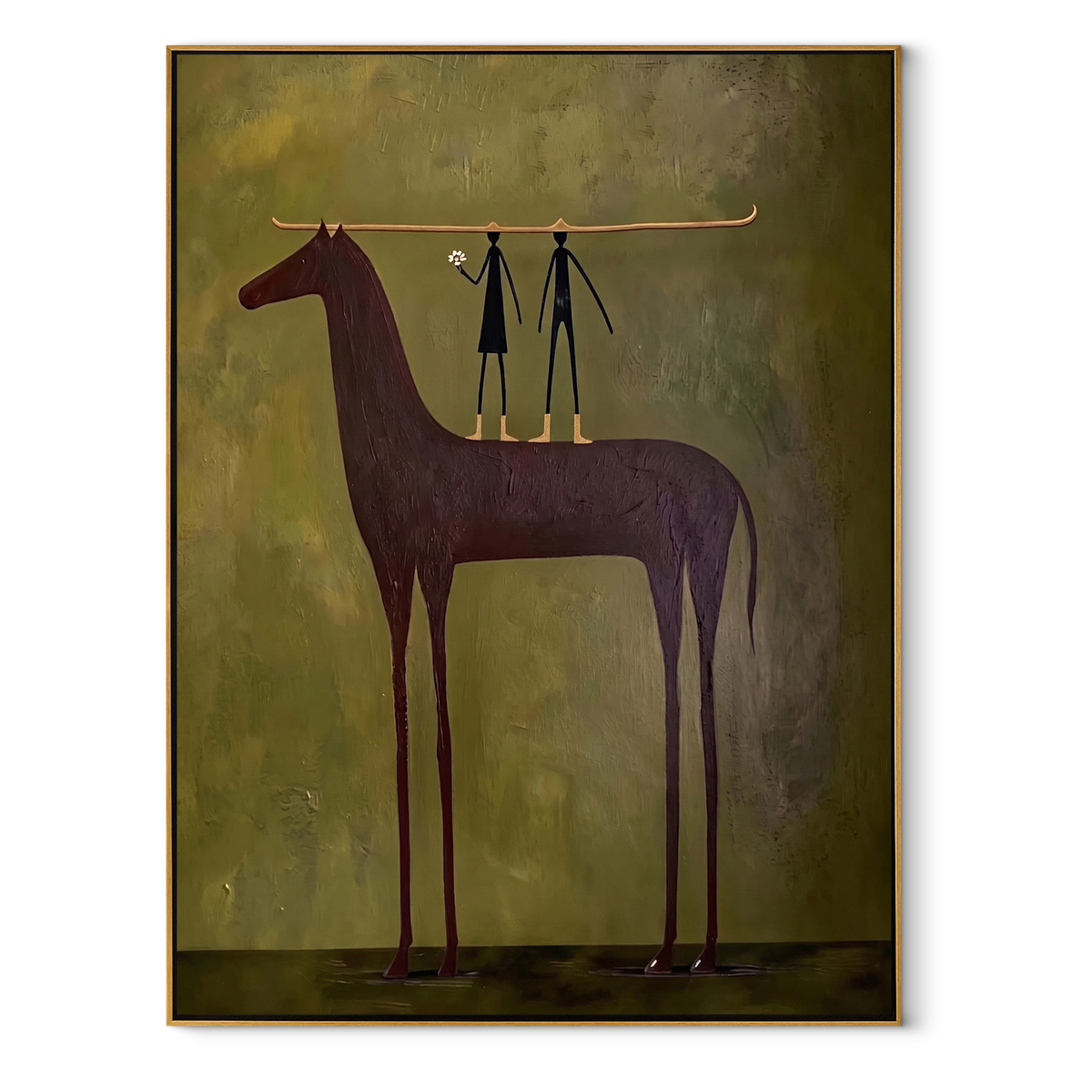 Two Figures Hold Violet equestrian horse painting, vertical canvas artwork