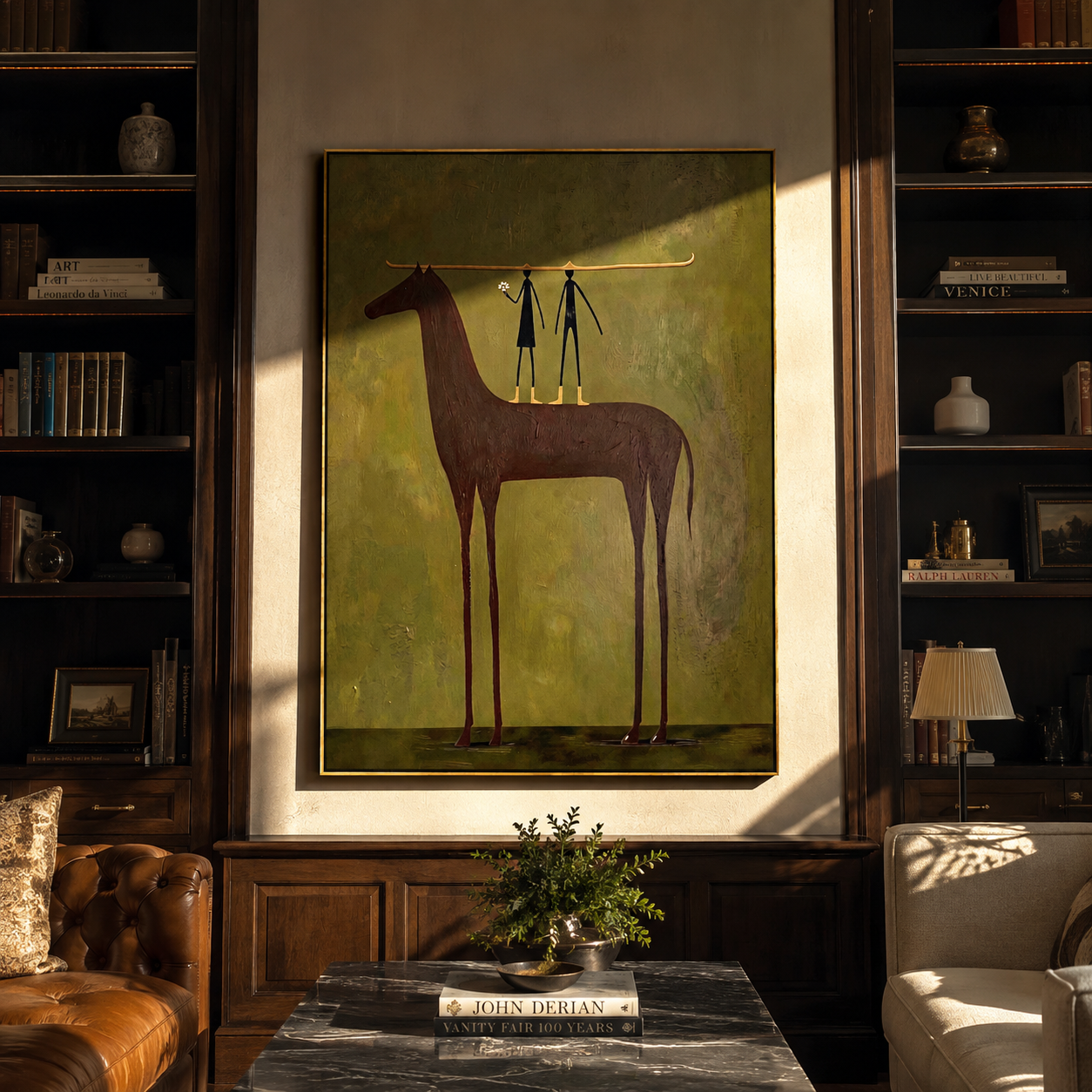Two Figures Hold Violet presented as a colorful interior focal point
