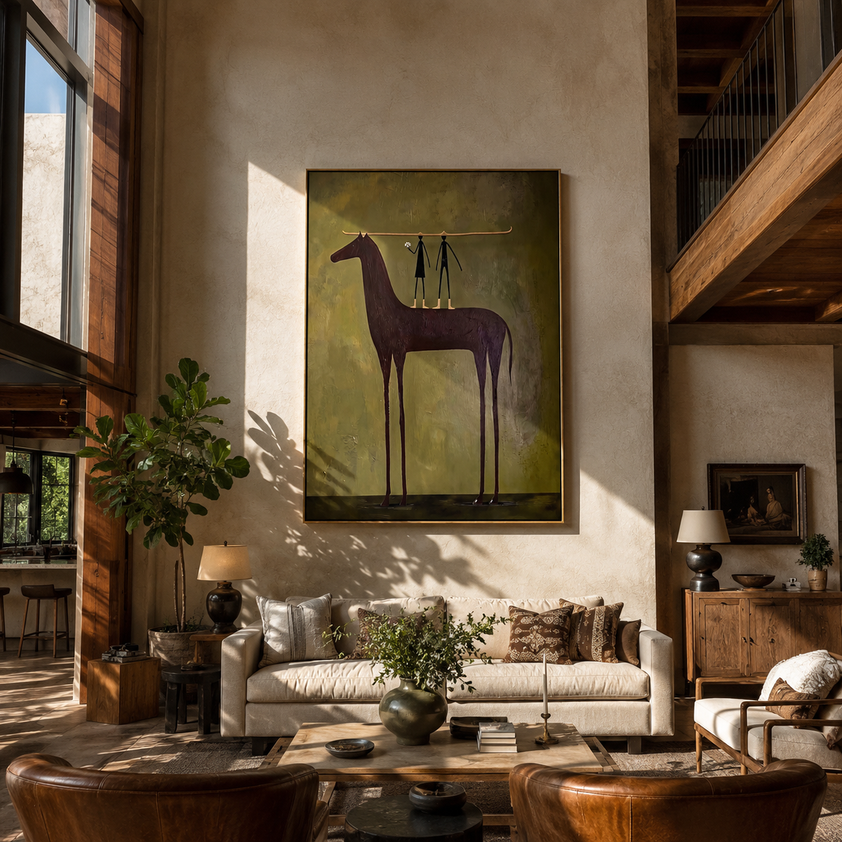 Two Figures Hold Violet styled with wood, linen, and modern decor