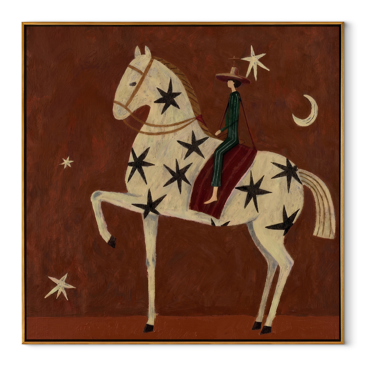 Black Stars Travel Ivory equestrian horse painting, square canvas artwork