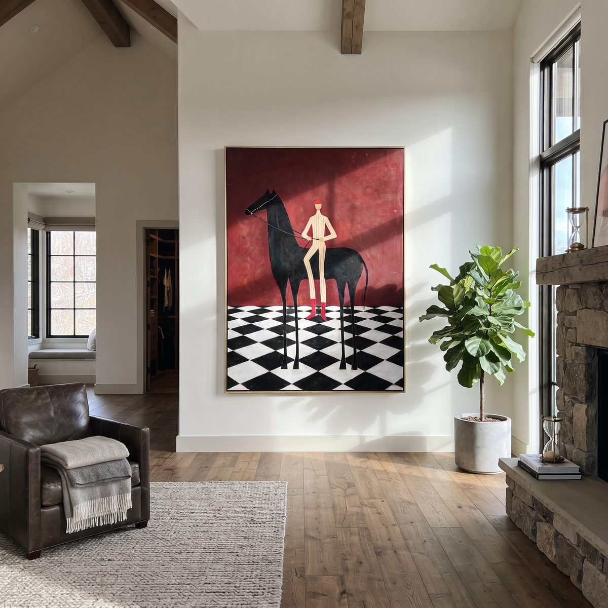 Red Boots Cross Checks styled with wood, linen, and modern decor