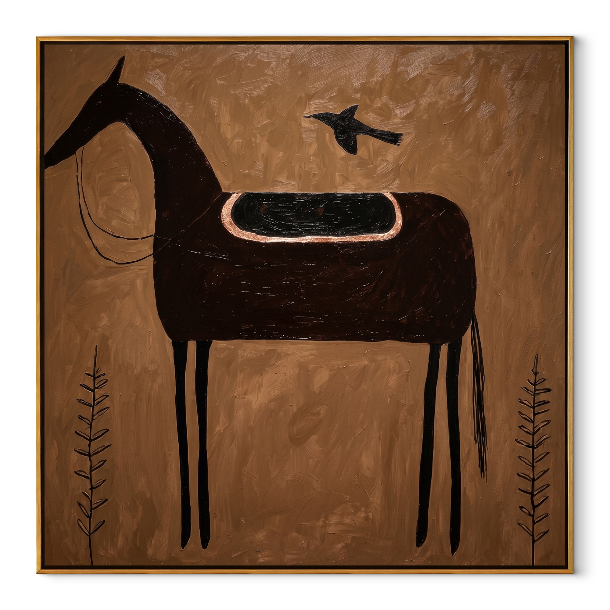 Crow Rests Above Saddle equestrian horse painting, square canvas artwork