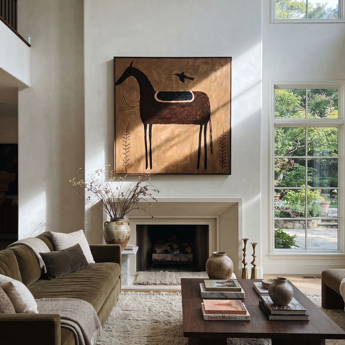 Crow Rests Above Saddle displayed in a layered residential setting