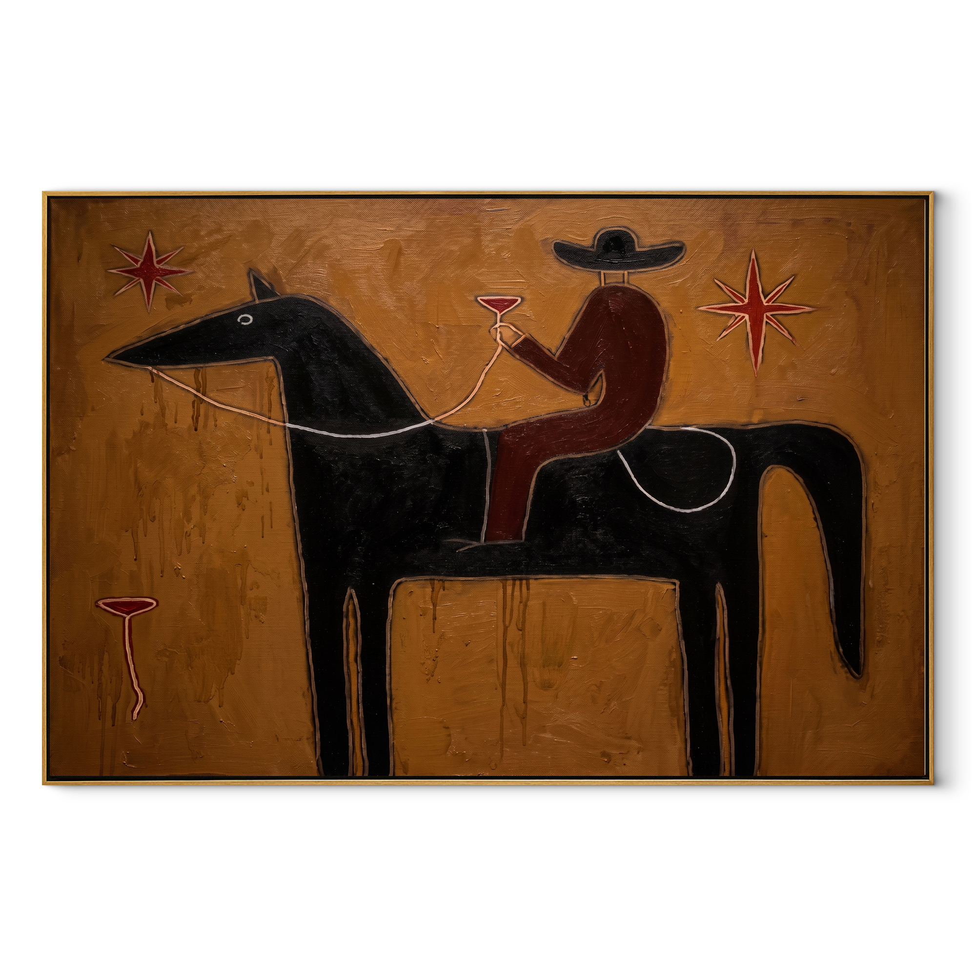 Rider Toasts Between Stars equestrian horse painting, horizontal canvas artwork