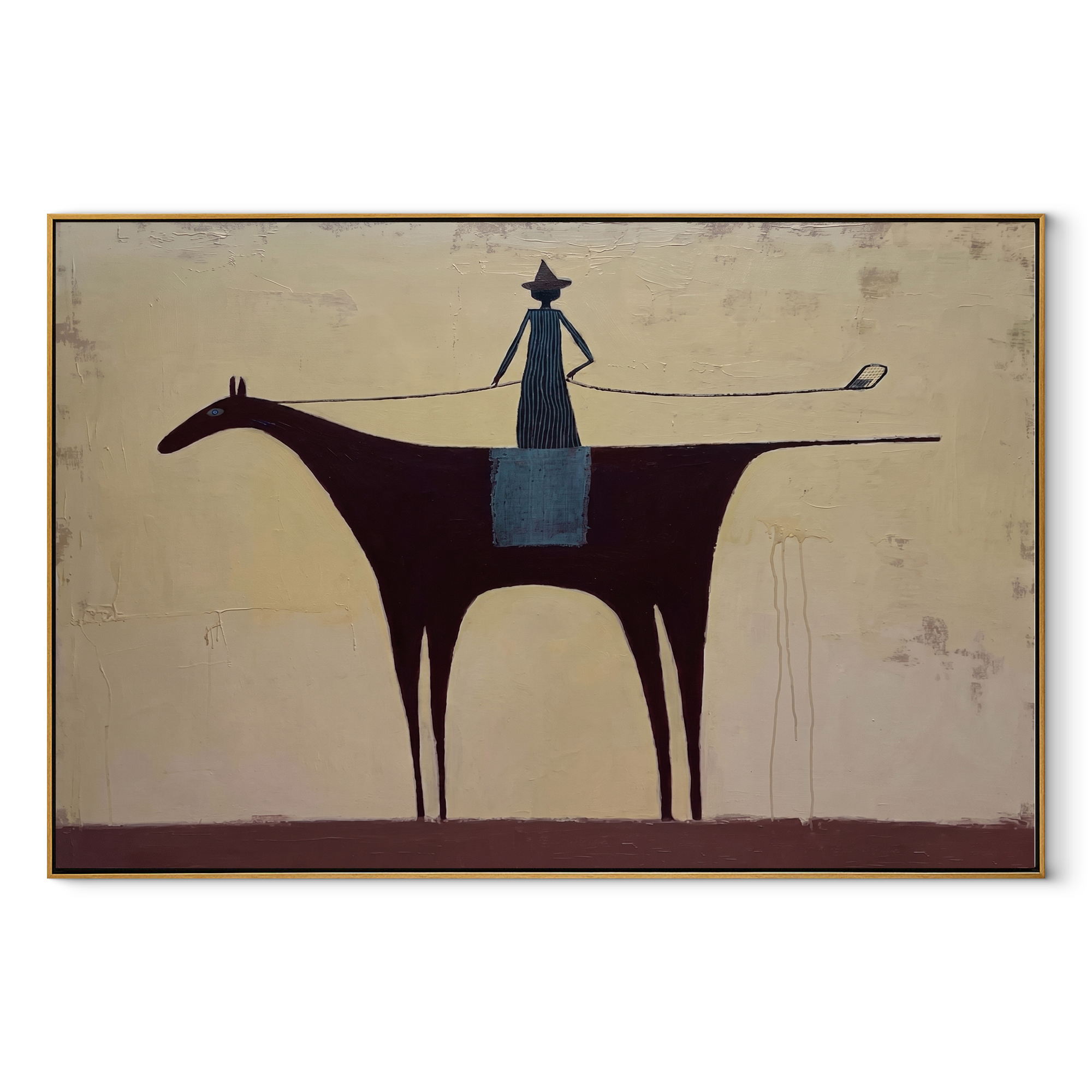 Long Rein Crosses Ivory equestrian horse painting, horizontal canvas artwork
